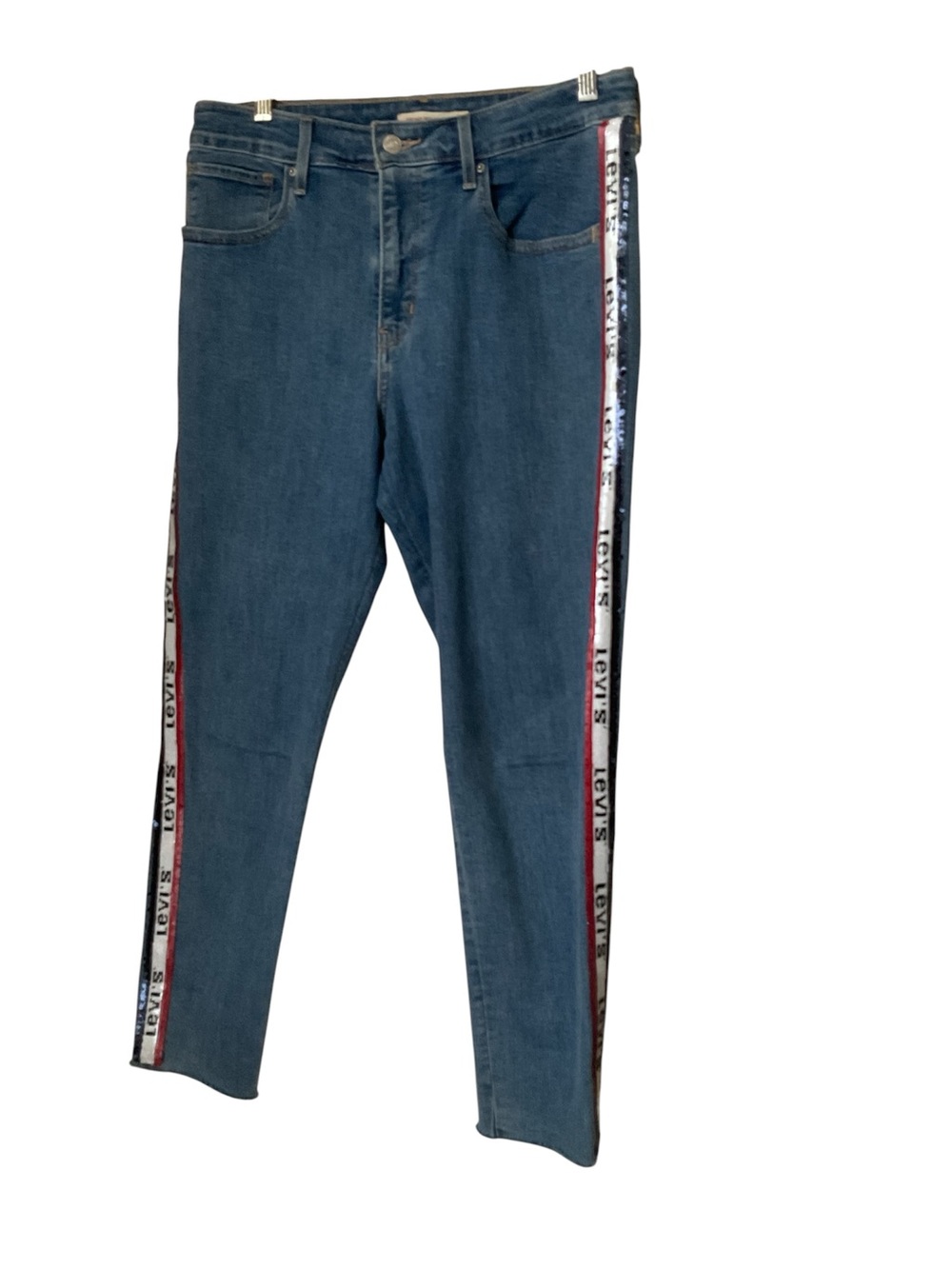 Levi’s 721 High Rise Skinny jeans crop side stripe sequin logo raw hem Sz 31